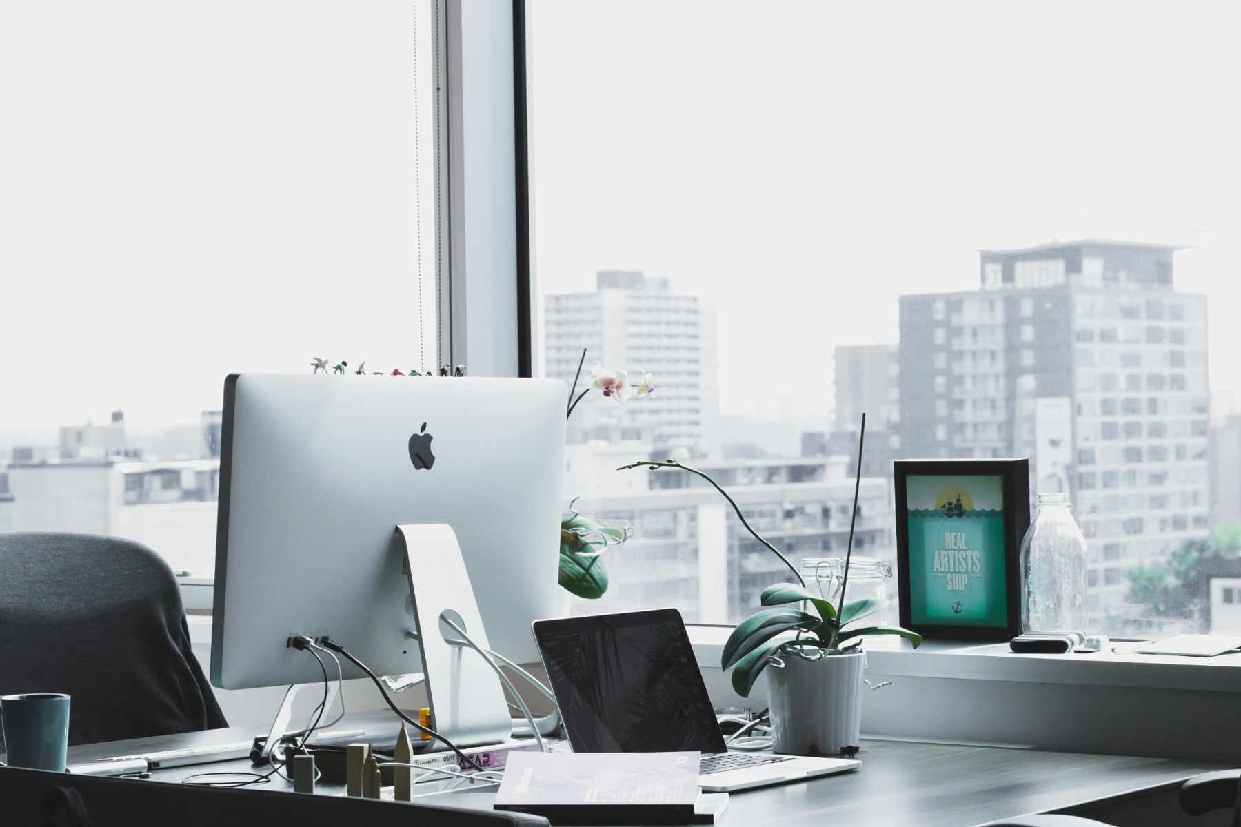 Bright workspace with desktop computers